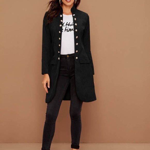 Black Button Detail Corduroy Shacket Jacket - Picture 3 of 4